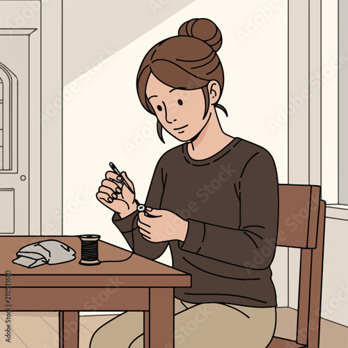 Woman sewing a button onto a dark shirt