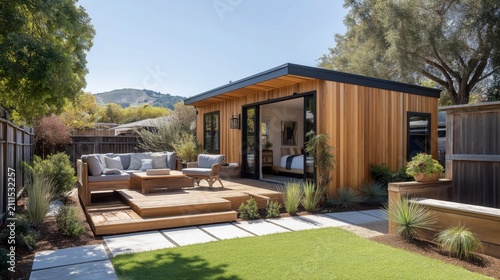 A modern farmhouse ADU nestled in a backyard combines clean architectural lines, natural materials, and warm textures to create timeless comfort and refined contemporary living.