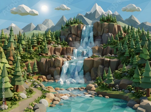LowPoly 3D Waterfall Flowing Geometric Model Art