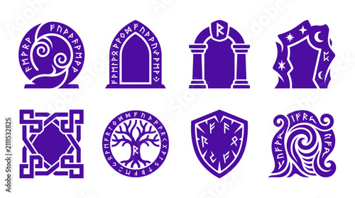 Obraz na płótnie Purple runic stone tablet and shield icons.