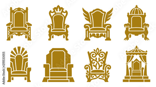Tableau sur toile Collection of golden ornate royal throne and seat icons.
