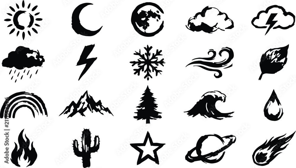 Fototapeta premium Collection of hand drawn weather and nature icon set featuring sun moon clouds and natural elements