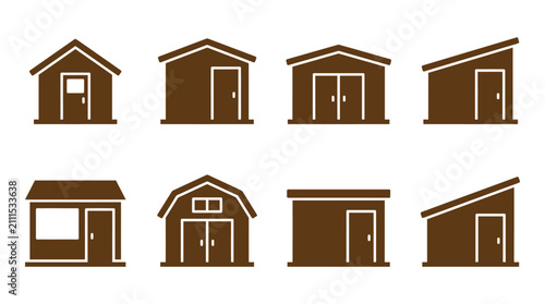Bild auf Leinwand Brown garden shed and backyard storage building icons set.