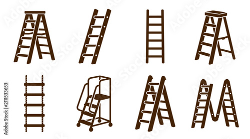 Collection of brown ladder and stepladder icons.