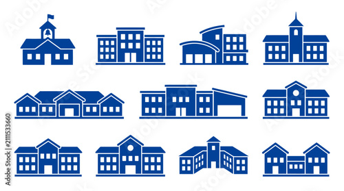 Blue school and public architecture building icon set.