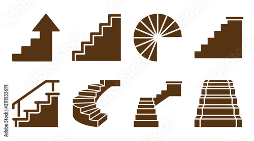 Brown staircase and stairs architectural icon set.