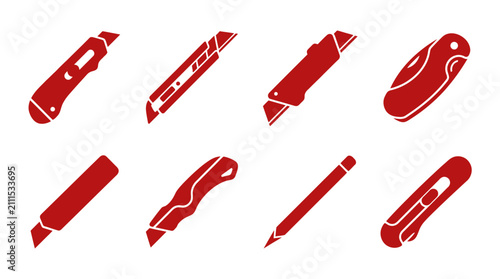 Collection of red utility knife and cutter icons.