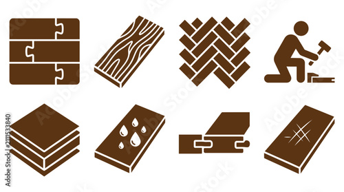 Brown wood parquet and laminate flooring installation icons.