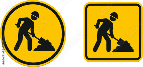 Set of road construction signs with worker digging with shovel icon