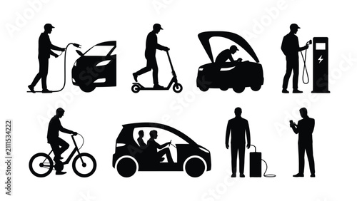 Collection of modern transportation and ecofriendly mobility silhouette icons depicting people.

