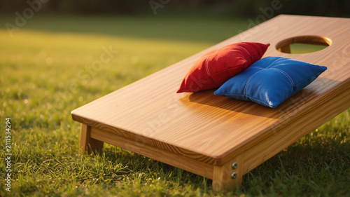A red and a blue bean bag sit on a polished wooden cornhole board placed on a lush green grass lawn, captured from a low side angle during a beautiful sunny sunset backyard game session.