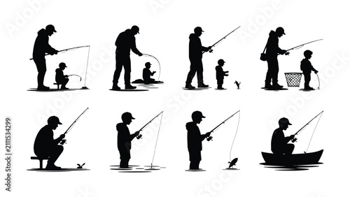 Foto Diverse collection of outdoor fishing silhouettes depicting men and children enjoying leisure activities