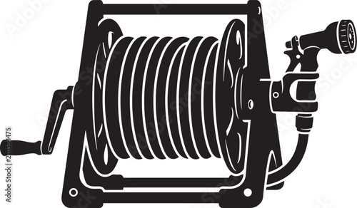 Fényképezés Black and white of a garden hose reel with a hand crank and a spray nozzle attac