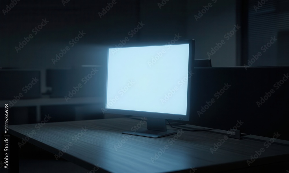 Fototapeta premium Empty computer monitor screen on desk in dark office. Blank display device in dimly lit workspace for digital design or tech setup.