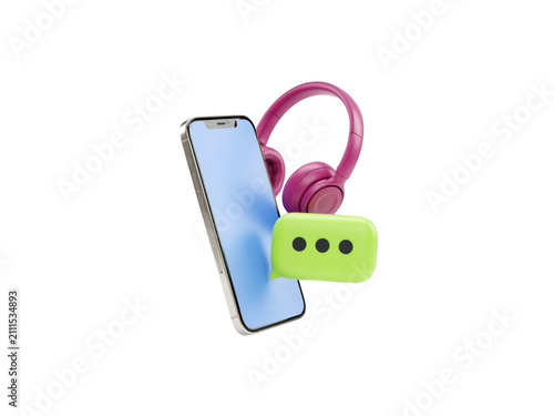 Smartphone with headphones and a chat bubble icon