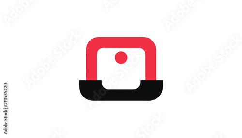 Modern laptop icon with glowing red power button. Minimalist computer device vector symbol for tech and digital concepts.