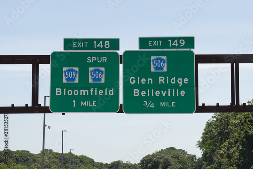 signs on the Garden State Parkway in New Jersey for exit 148 for  County Route 509 and 506 Spur to Bloomfield, and exit 149 for County Route 506 to Glen Ridge and Belleville