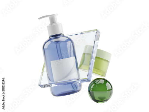 Cosmetic soap and skin care bottles for beauty routine