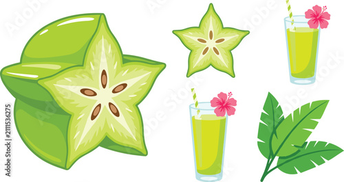 Quadro su tela Fresh green starfruit carambola vector element set with half slice showing seeds, tropical banana leaves, and cocktail juice glasses with hibiscus flowers isolated on white