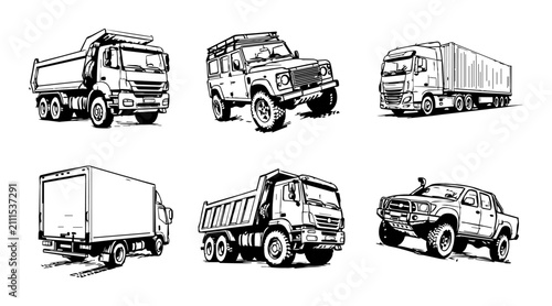 Truck and Offroad Vehicle Line Art Set