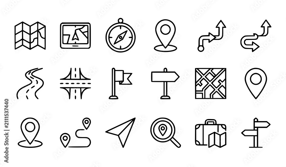 Fototapeta premium Road map GPS navigation route planning and travel editable outline vector icon collection
