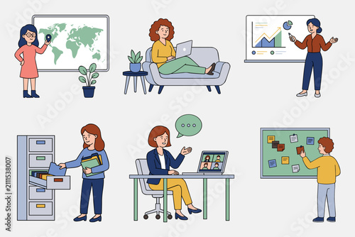 Business Office Work Flat Illustration Set with Remote Work, Presentation, Video Conference, Filing, Planning and Global Collaboration Concepts