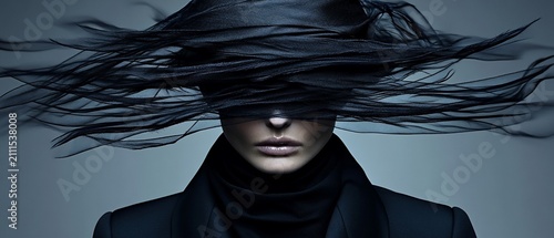 Woman veiled in dark flowing fabric, face partially hidden, minimalist studio shot