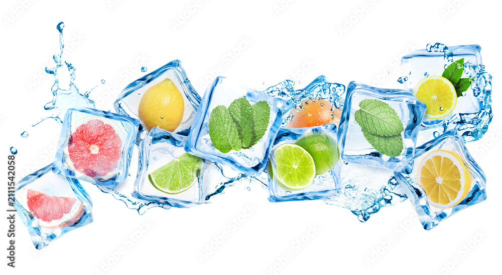 Obraz premium Fresh citrus fruits in ice cubes and water splash in air on white background