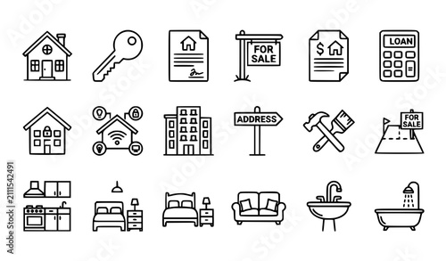House real estate mortgage smart home renovation and interior editable outline vector icons