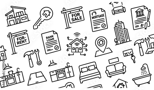 Real estate home ownership mortgage renovation and interior editable line icon set