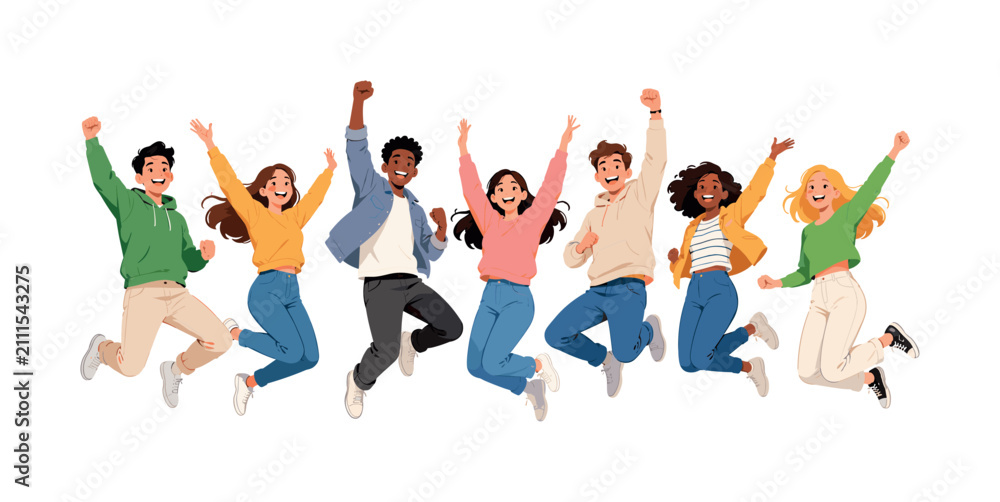 Fototapeta premium Group of happy diverse young people characters jumping cheering, people, group, crowd, youth, multiethnic, team, friend, community