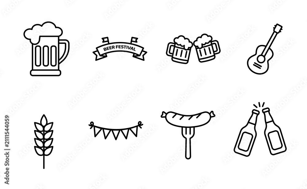Fototapeta premium Beer Festival Line Icons Set, Oktoberfest Outline Vector Symbols with Beer Mug, Bottles, Sausage, Guitar and Wheat