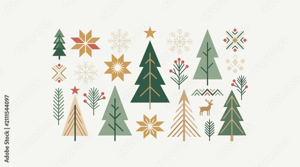 Obraz premium Minimalist geometric winter forest and evergreen tree vector collection