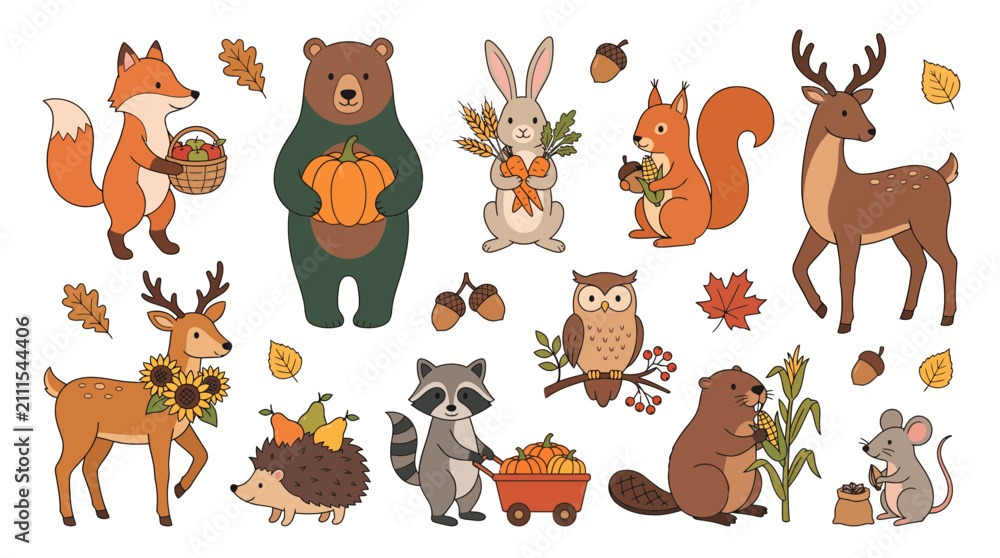 Fototapeta premium Cute autumn forest animals set with fox bear deer squirrel owl raccoon hedgehog beaver and fall foliage