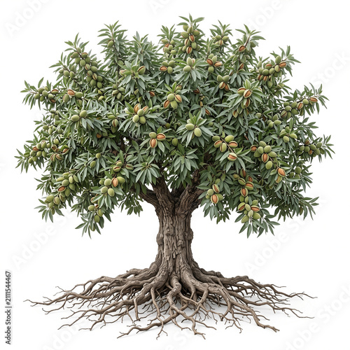 Bitter Almond tree, mature full tree bearing green bitter almonds in split husks, exposed visible roots, 11 ratio, isolated on seamless pure white background
