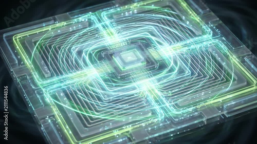 Glowing circuit grid quantum processor core neon pathways futuristic data flow layered circuit
