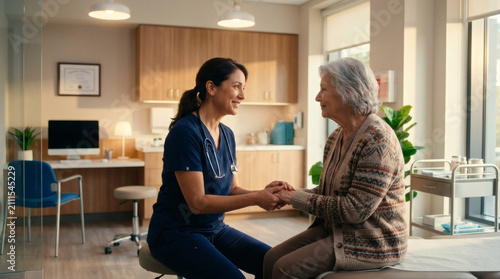 Empathetic professional female doctor consulting senior patient during medical checkup holding hands for support in modern clinic private room
