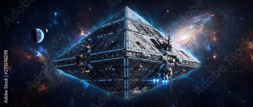 A gigantic spaceship in the shape of two pyramids joined at their tips