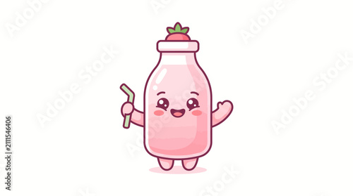 Cute pink bottle character with strawberry and brush.