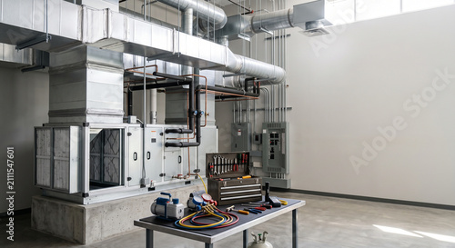 Large indoor HVAC unit with ducts, pipes, service cart, and tools in a bright mechanical service room with visible HVAC repair and maintenance equipment
