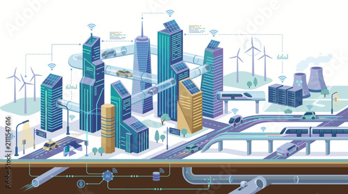 Modern city skyline with renewable energy sources.