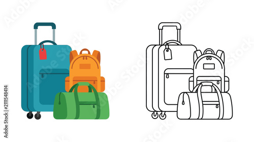 Suitcase Backpack And Duffel Bag Color And Line Art Illustration
