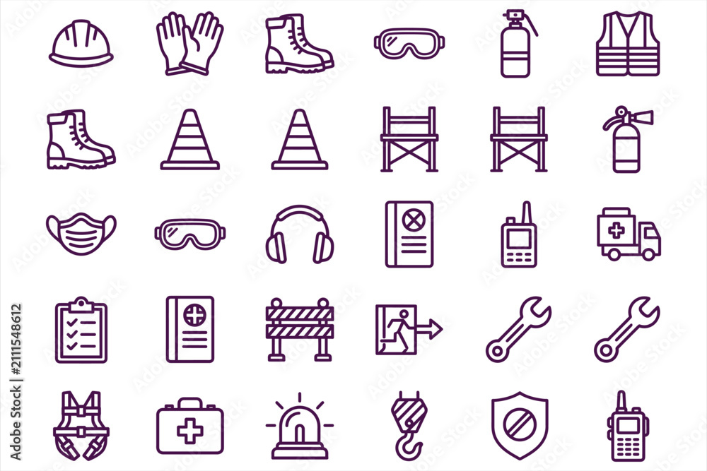 Fototapeta premium Safety equipment and tools icons set for construction and industrial workplace safety and security