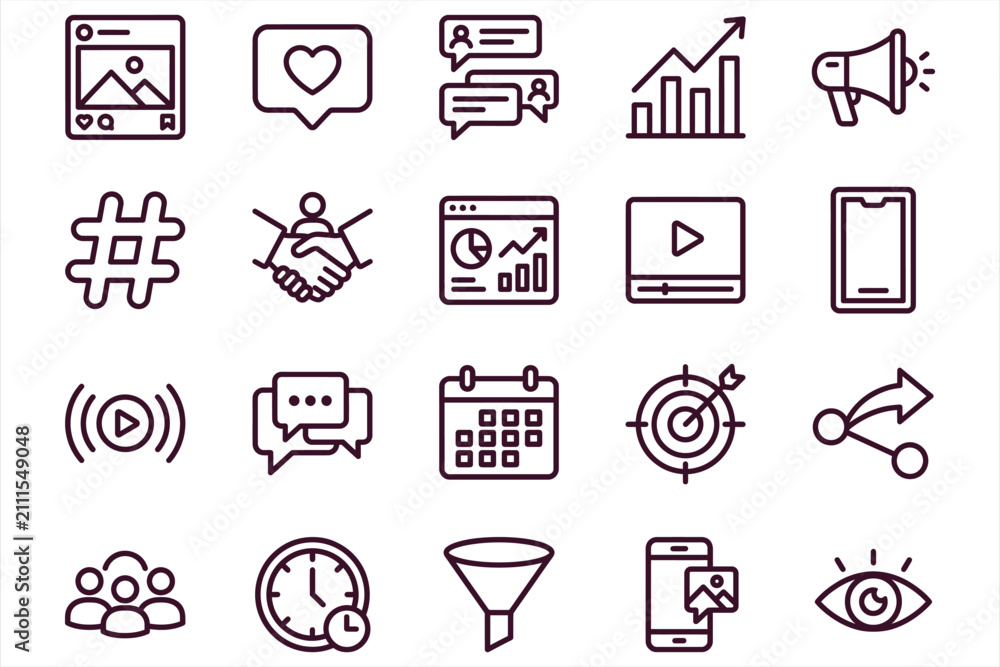 Fototapeta premium Set of social media and marketing icons in clean line art style on white background for web design projects