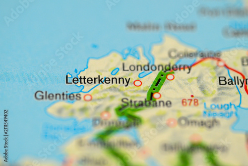 Close up map focus on Letterkenny Londonderry and northwest routes.