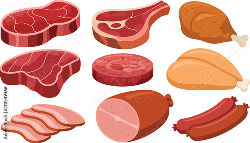Fotografía Meat products flat vector illustration