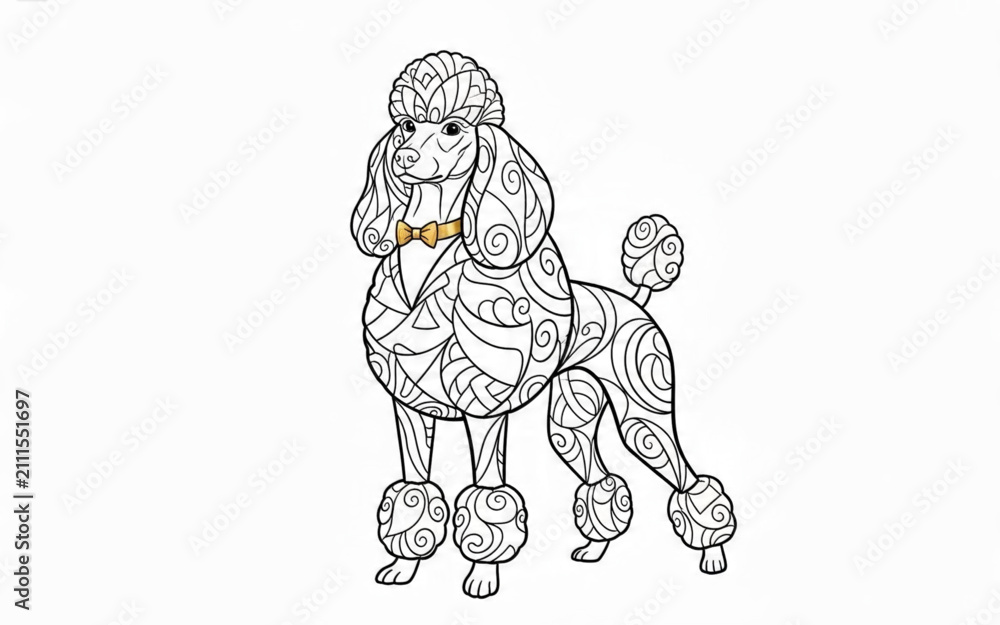 Obraz premium Intricate Zentangle Poodle Dog Coloring Page with Detailed Geometric Patterns and a Cute Yellow Bow Tie
