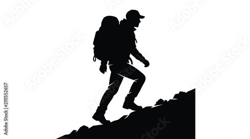 Hiker climbing a mountain. Silhouette of a backpacker trekking up a steep rocky hill.