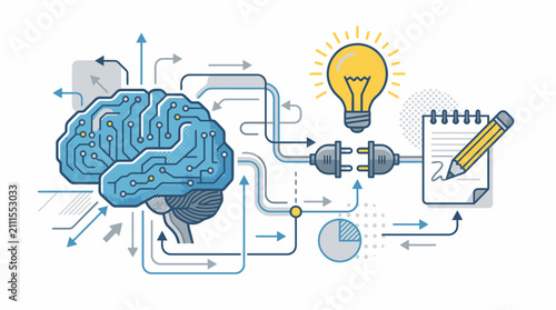 Brain circuit diagram depicts the connection between cognitive processing, creative ideation, and structured documentation in a modern digital workspace.