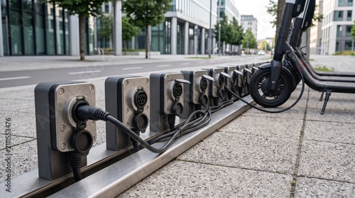 Electric scooter charging station. E-scooter plugged into a city power dock for recharge.